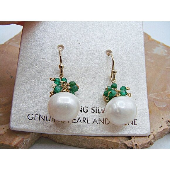 NEW Sterling Silver Genuine Pearl and Green Stone Dangle Earrings Gold Hook NWT - Picture 2 of 11